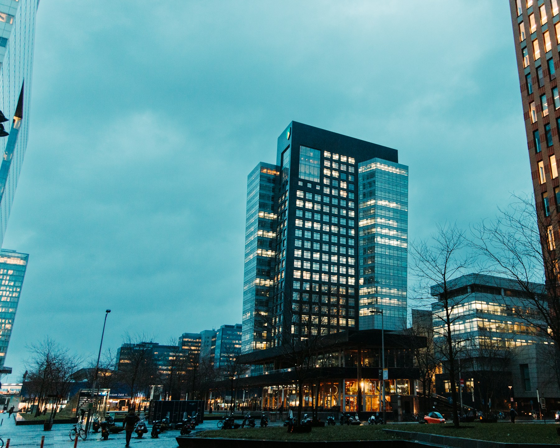 Amsterdam Zuidas office towers at dusk