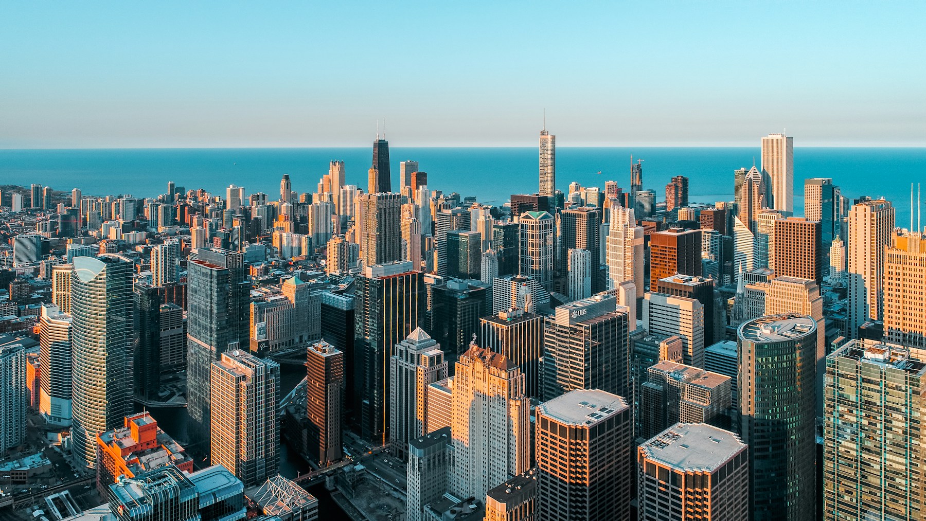 Aerial view of downtown Chicago and Lake Michigan