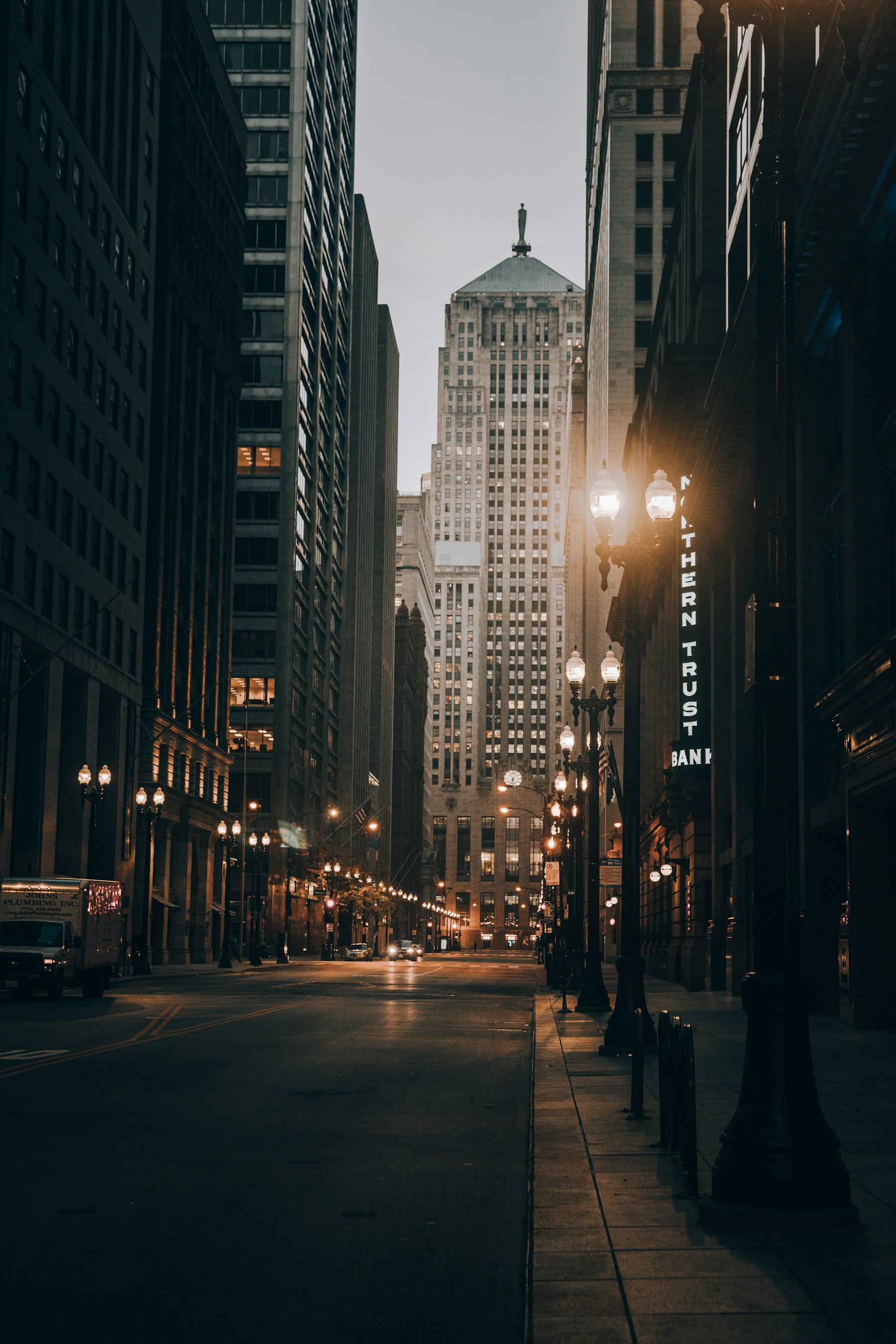 Chicago financial district street lined with skyscrapers