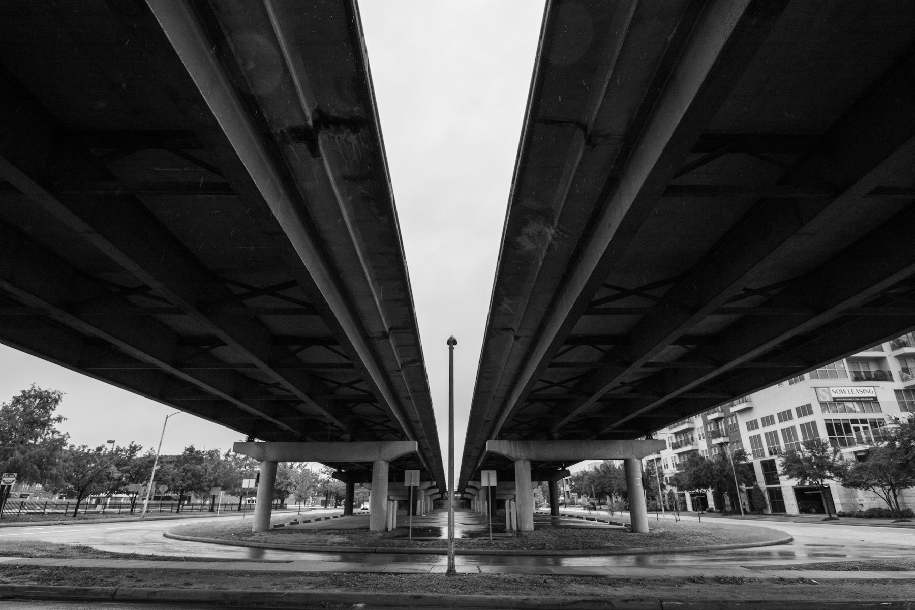 Urban Houston underpass and city buildings