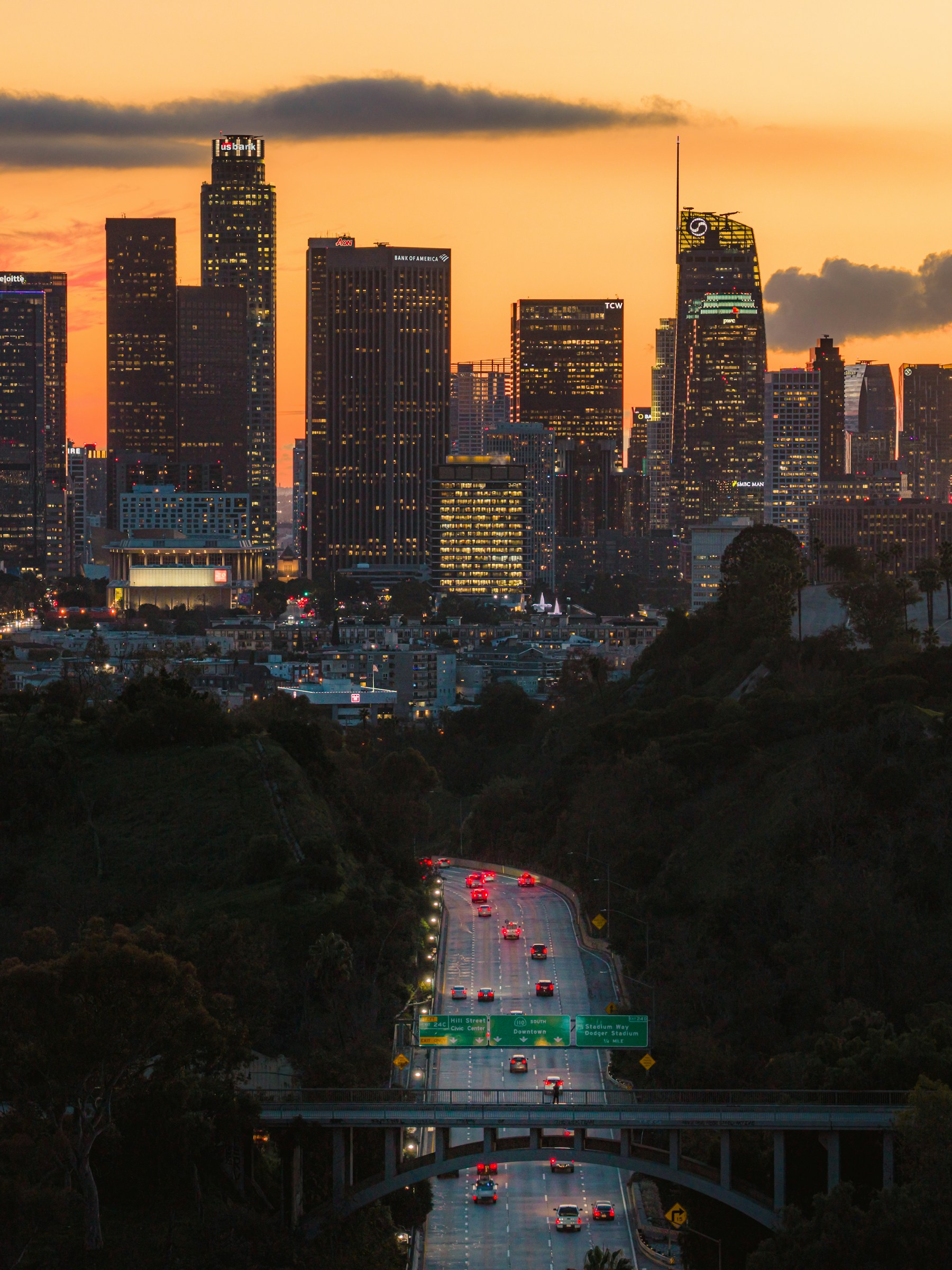Downtown Los Angeles skyline from a residential street at dusk