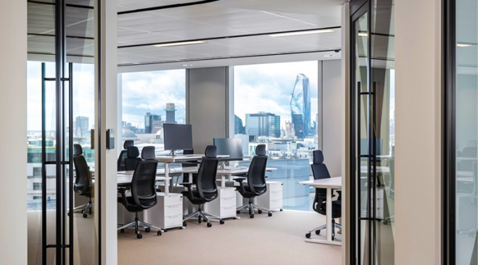 A modern office overlooking the London skyline.