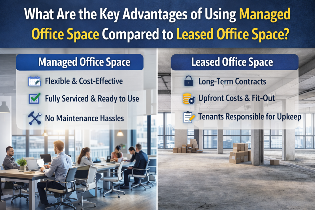 What are the key advantages of using managed office space compared to leased office space?